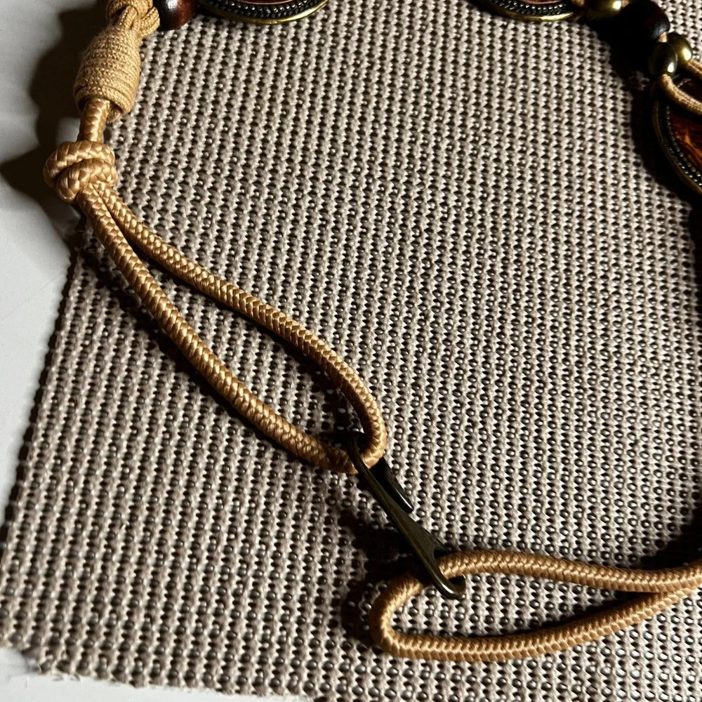 Vintage Boho Braided Cord Belt Tan Wood Bead Medallion Hook Closure 29.5 inch